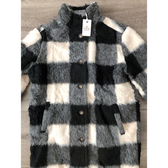 Marine Layer Stephanie Cocoon Coat Wool Blend Black White Buffalo Print NWT XS - Picture 5 of 11